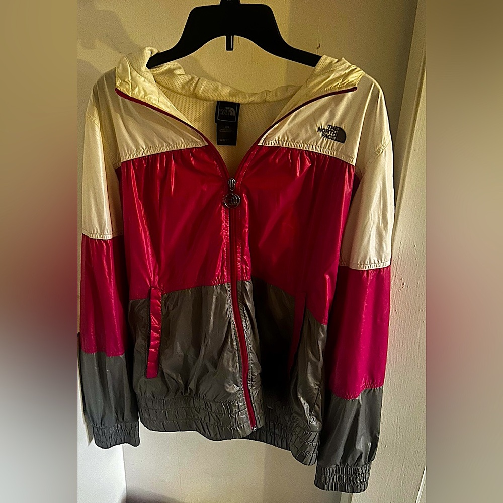 Women’s North Face White Pink + Grey Colorblock Rain Jacket; Size L
